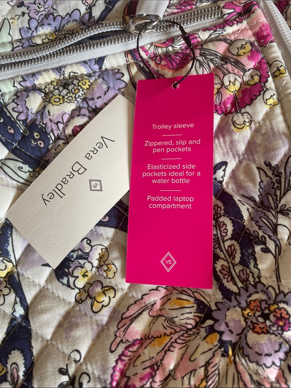 Vera Bradley Cream Quilted Backpack with Pink and Purple Floral Print - Picture 2 of 3